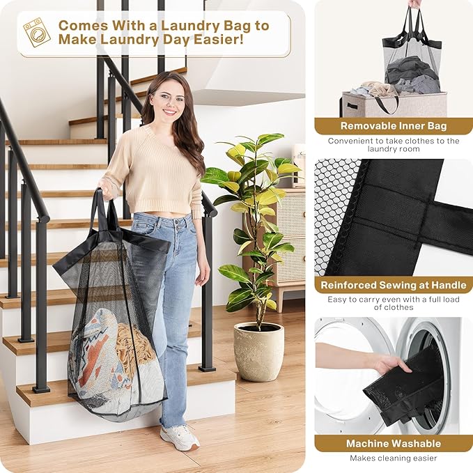SOLEDI Large Double Laundry Hamper with Lid, Collapsible Clothes Hamper 2 section with Removable Bags, Space-Saving Laundry Basket for Bedroom, Dorm, College