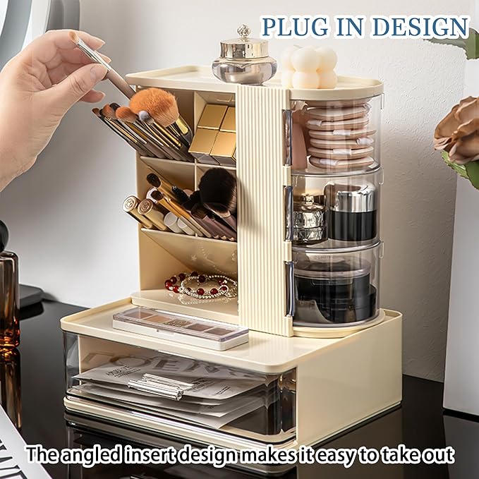 Makeup Organizer with 3 Rotating & Dustproof Drawers, Large Capacity Cosmetic Storage Box with Makeup Brush Holder, Make up Organizers for Vanity, Dresser, Bathroom (Yellow)