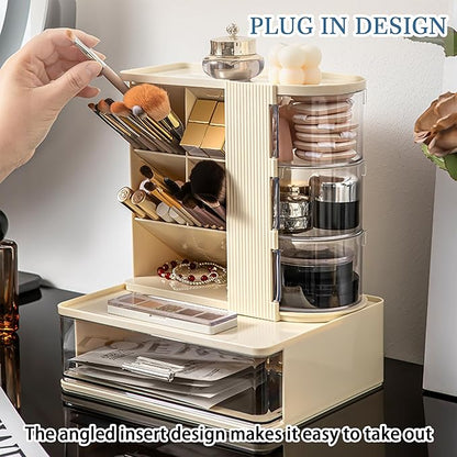 Makeup Organizer with 3 Rotating & Dustproof Drawers, Large Capacity Cosmetic Storage Box with Makeup Brush Holder, Make up Organizers for Vanity, Dresser, Bathroom (Yellow)