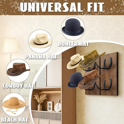Montex Cowboy Hat Rack for Wall, Wooden Cowboy Hat Holder 4 Hats, Hanging Western Hat Rack, Hat Organizer with Horseshoe Mounts Western, Dark Brown