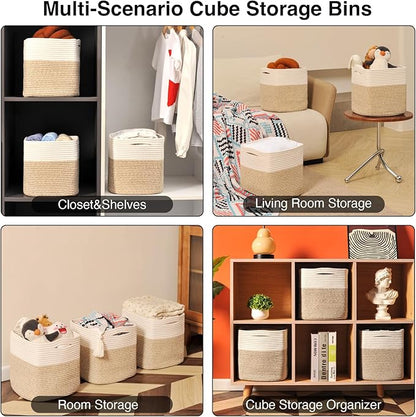 ICERZCZ 11 Inch Cube Storage Bins, Organizer Woven Cotton Rope Square Baskets for Organizing Shelves, Toys, Nursery, Off White & Brown (Pack of 3)