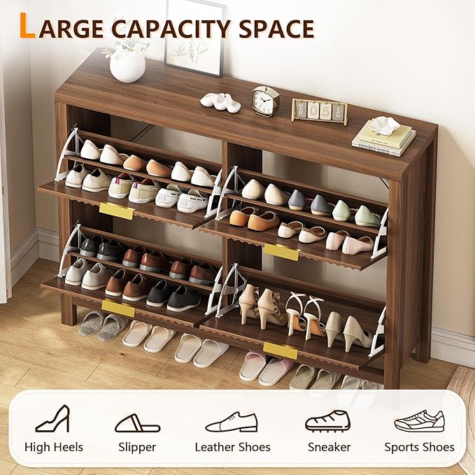 YOMILUVE Shoe Cabinet Storage for Entryway, Fluted Shoe Cabinet with 4 Flip Drawers, Hidden Shoe Rack Freestanding Wooden Shoe Organizer with Legs for Hallway, Walnut