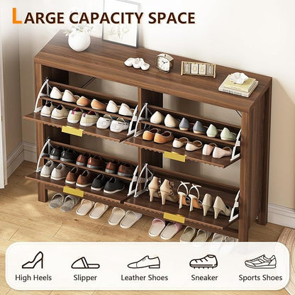 YOMILUVE Shoe Cabinet Storage for Entryway, Fluted Shoe Cabinet with 4 Flip Drawers, Hidden Shoe Rack Freestanding Wooden Shoe Organizer with Legs for Hallway, Walnut