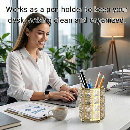 LUGUNU Makeup Brush Holder with Golden Crystal Bling – Elegant Vanity Organizer for Brushes, Pens & Pencils, Ideal for Bathroom or Office Countertop(2Pack)