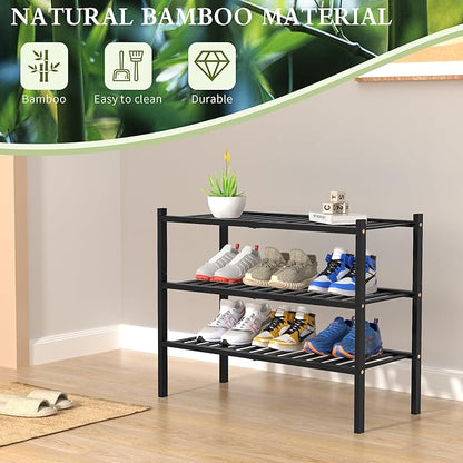ROMGUAR CRAFT 3 Tier Bamboo Shoe Rack for Closet Free Standing Wood Shoe Shelf Storage Organizer for Entryway Small Space Stackable 27"x11"x20" (Black)