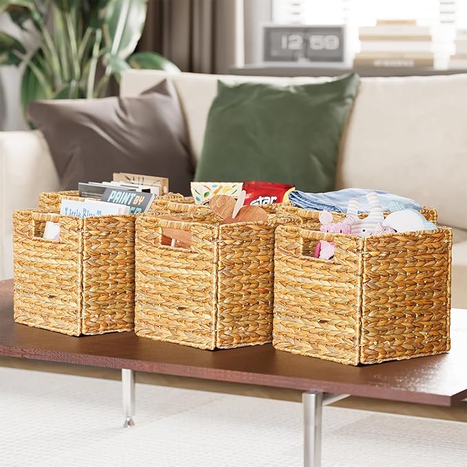SpaceAid 6 Pack Wicker Basket, Storage Baskets for Organizing, Woven Rattan Basket with Handles for Shelves, Water Hyacinth Large Cube Organizer Storage Bin, 10.5x10.5x10.5 inch, Natural