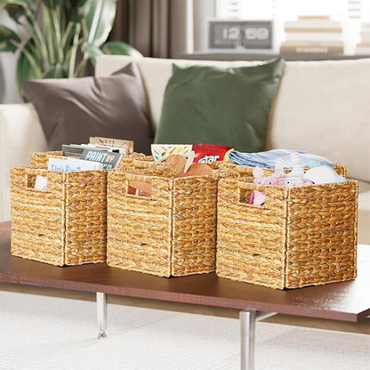 SpaceAid 6 Pack Wicker Basket, Storage Baskets for Organizing, Woven Rattan Basket with Handles for Shelves, Water Hyacinth Large Cube Organizer Storage Bin, 10.5x10.5x10.5 inch, Natural