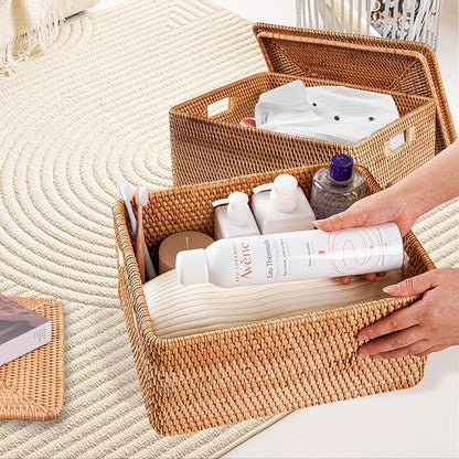 Rattan Basket With Lid, Large Lidded Basket For Storage(11.81" L×7.87"W×5.91"H)