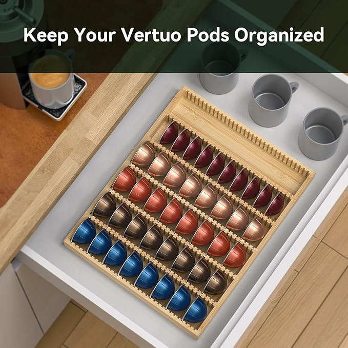 for Nespresso Vertuo Capsules - Premium Bamboo Coffee Pod Drawer Insert Organizer for Counter (48 Big or 60 Small Pods)-14.84" Wx11.81" Dx1.54" H