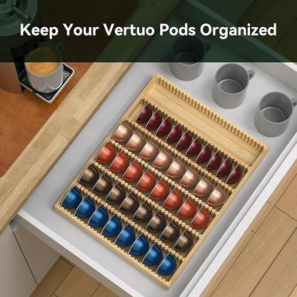 for Nespresso Vertuo Capsules - Premium Bamboo Coffee Pod Drawer Insert Organizer for Counter (48 Big or 60 Small Pods)-14.84" Wx11.81" Dx1.54" H