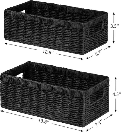 Vagusicc Wicker Storage Basket, Set of 2 Hand-Woven Paper Rope Wicker Baskets for Organizing Decor Storage Bins for Counter Shelves Pantry Basket Small Toilet Paper Basket for Toilet Tank Top, Black
