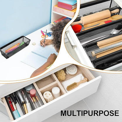 Chumia 10 Pack Silverware Drawer Organizer 9 x 3 x 2 Inch Mesh Utensil Organizer for Kitchen Drawers with Interlocking Arm for Flatware Knives Spoons Fork Cosmetic Utensil Tabletop Storage Tray