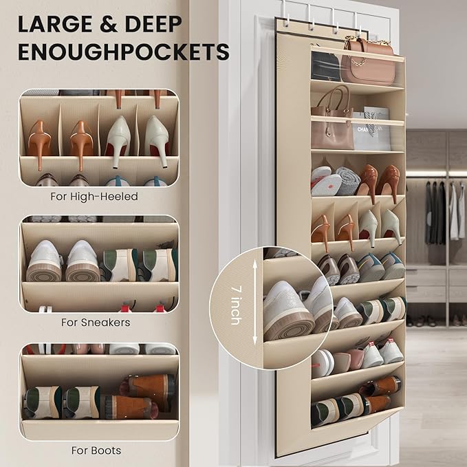 Mefirt 16-20 Pairs Over the Door Shoe Organizer, Clear Pockets Shoe Rack for Closet Door, Hanging Shoe Rack for Boots, Behind the Door Shoe Holder Fit All the Family's Sneakers, Boots, Heels, Beige