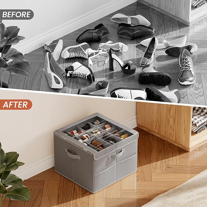 PHINOX Shoe Organizer for Closet, Fits 12-24 Pairs, Shoe Storage Bins with Clear Cover and Reinforced Handles, Foldable Shoe Storage Organizer, Space Saving Shoe Holder for Wardrobe, 1 Pack Gray