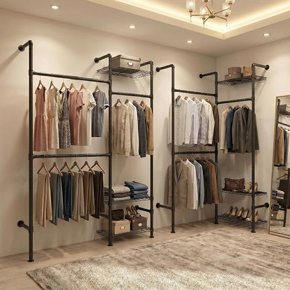 Wall Mounted Closet System – Adjustable Clothing Rack with 2 Expandable Rods & 3 Shelves, Heavy Duty Industrial Pipe Clothes Rack for Closet Organizer and Storage, Black