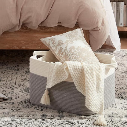 OIAHOMY Large Blanket Basket, 65L Cotton Rope Woven Laundry Basket, Toy Bin for Baby Room, Container for Blanket Storage in Living Room, 20''×16''×12'', Grey & White