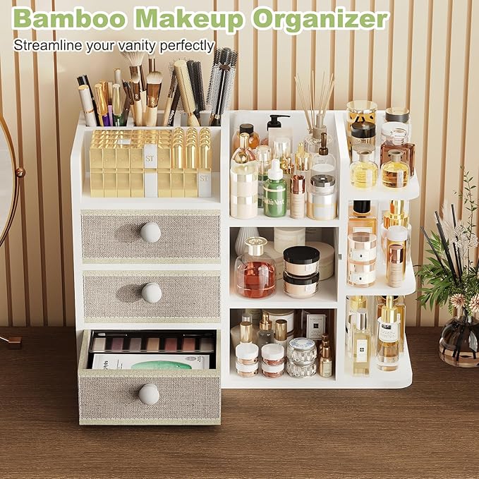 Large Makeup Organizer Countertop With Brush Holder Drawer For Vanity,Bamboo Bathroom Counter Organizers And Storage,Cosmetic Skincare Perfume Organizer,Easy To Store Nail Polish, Lipstick, Eyeshadow