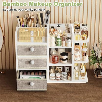 Large Makeup Organizer Countertop With Brush Holder Drawer For Vanity,Bamboo Bathroom Counter Organizers And Storage,Cosmetic Skincare Perfume Organizer,Easy To Store Nail Polish, Lipstick, Eyeshadow