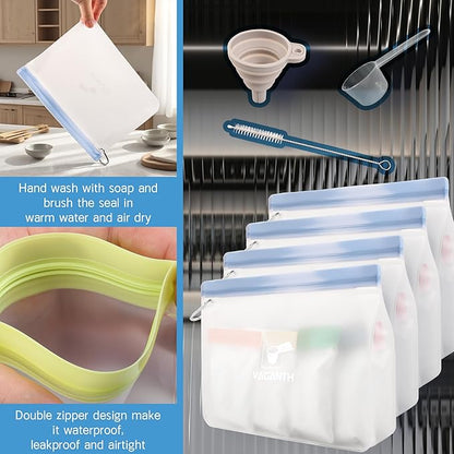 Protein Powder Travel Container Set,Reusable Powder Supplement Container To Go,28Pcs Single Dose Bags & 4Pcs Large Zip Bags,Portable Travel Containers with Funnel,Spoon