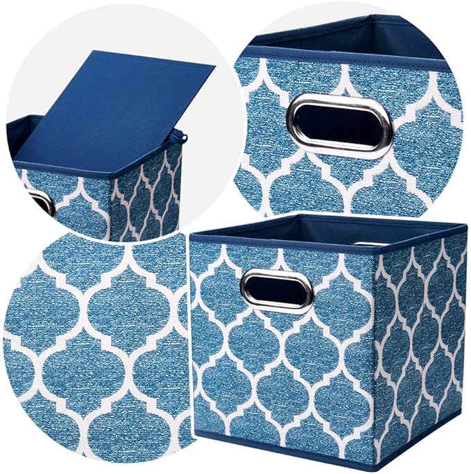 Square Fabric Cube Storage Bins 10.5x10.5 x 11In Blue Cloth Storage Cubes Baskets Foldable Storage Boxes Decorative Cubicle Strorage Inserts Cubes Drawer Organizer Closet,QY-SC09-6