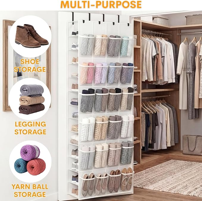Ofiray-home Over The Door Shoe Organizer, 50 Large Pockets Double-Sided Shoe Organizer for Closet Door, Hanging Shoe Storage Up to 50 Pairs, Mesh Front Pockets & Side Storage for Sneakers, Heels,White