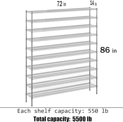 14" Deep x 72" Wide x 86" Height Wire Shelving Kit | 10-Tier | NSF Commercial Storage Rack Unit