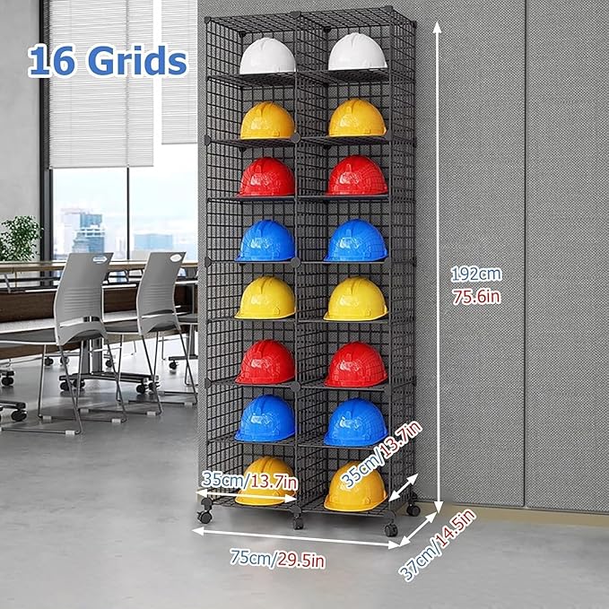 Stackable Safety Helmet Storage Boxes, Large Adjustable Hard Hat Placement Organizer Rack with Wheels for Construction Site/Garage/Workshop/Factory Helmet Display Shelf (2 * 8)