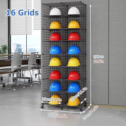 Stackable Safety Helmet Storage Boxes, Large Adjustable Hard Hat Placement Organizer Rack with Wheels for Construction Site/Garage/Workshop/Factory Helmet Display Shelf (2 * 8)