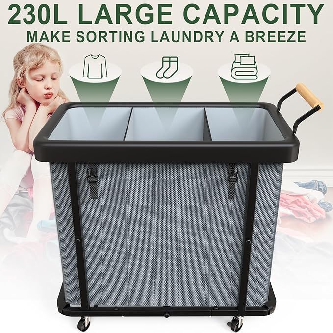 230L (60 Gal) Extra Large Fashion Laundry Sorter 3 Section with Lid, Rolling Laundry Basket Hamper with Handle, Laundry Organizer Storage Cart with Sturdy Metal Frame for Laundry Room, Hotel, Grey