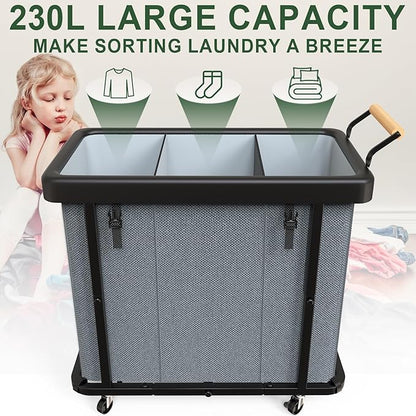 230L (60 Gal) Extra Large Fashion Laundry Sorter 3 Section with Lid, Rolling Laundry Basket Hamper with Handle, Laundry Organizer Storage Cart with Sturdy Metal Frame for Laundry Room, Hotel, Grey