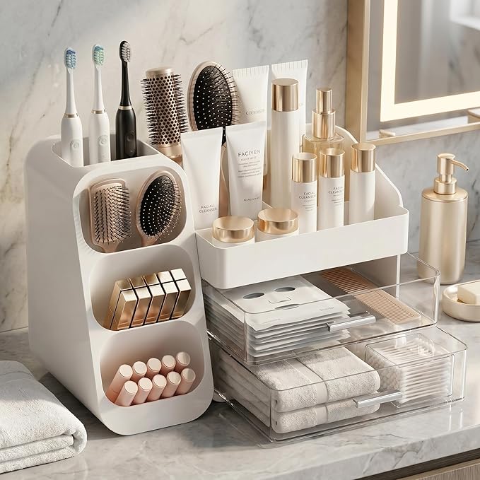 Makeup Organizer with Drawers, Large Cosmetic Display Cases for Skincare Organizers, Bathroom Organizers and Storage Countertop, Easy To Storage Skincare, Brushes, Lotions, Lipstick (White)