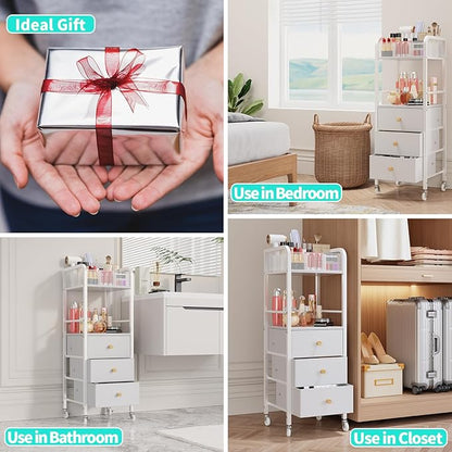 HapiRm Rolling Makeup Cart Organizer - Floor Skincare Make Up Storage with 3 Non-woven Fabric Drawers, Vanity Organizer Cosmetic Display Cases Holder for Skin Care Perfume Nail Polish Brush Hair Tool