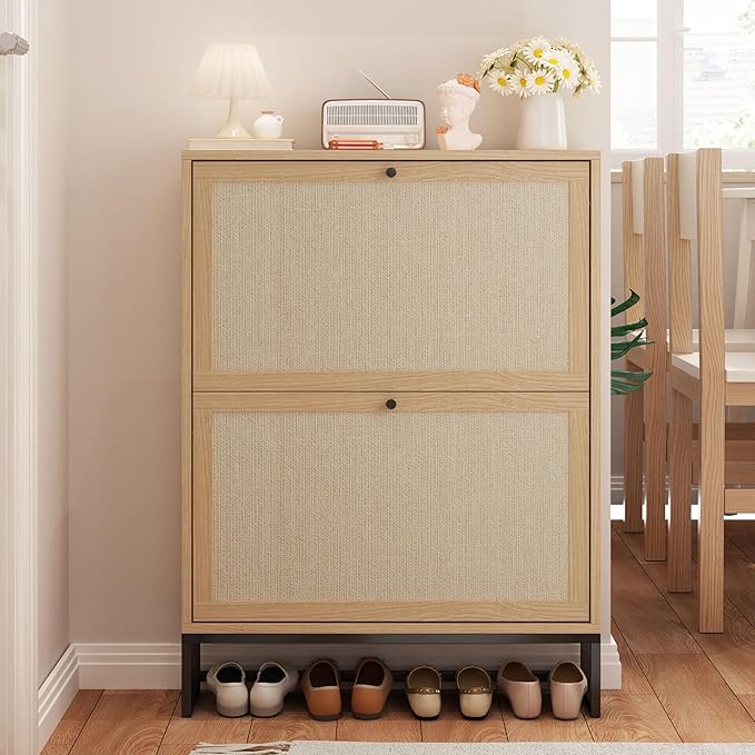 AVZEAR Narrow Shoe Storage Cabinet for Entryway with Natural Linen Panel, Freestanding Slim Shoe Cabinet with 2 Flip Drawers, Wood Shoe Organizer Closed Shoe Rack for Hallway, Living Room(Natural)