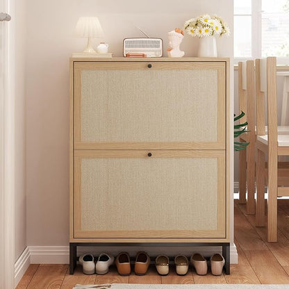 AVZEAR Narrow Shoe Storage Cabinet for Entryway with Natural Linen Panel, Freestanding Slim Shoe Cabinet with 2 Flip Drawers, Wood Shoe Organizer Closed Shoe Rack for Hallway, Living Room(Natural)