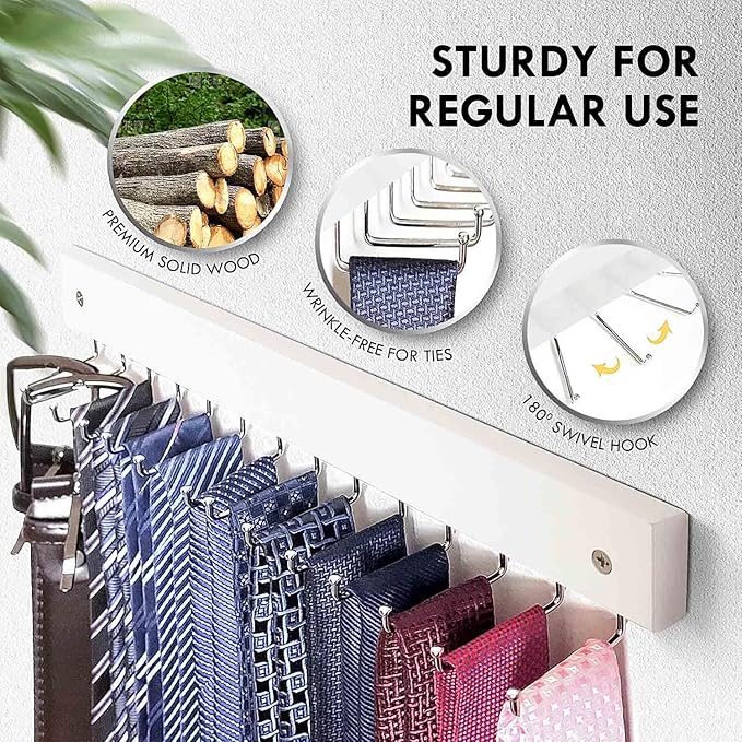 2Pack Tie Rack Wall Mounted, Wooden Tie Hanger Tie Organizer for Men with 28 Folding Hooks, Space Saving Tie Holder and Belt Rack for Closet, White