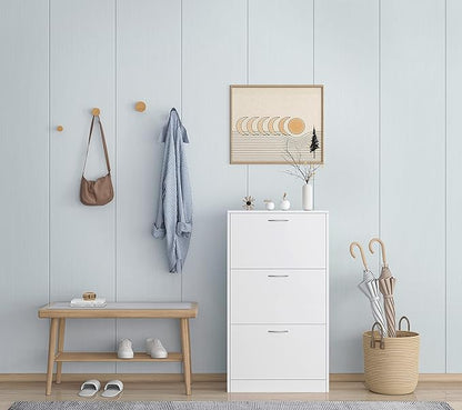 White Free Standing Shoe Cabinet, Entryway Narrow 3-Tier Shoe Storage Organizer with Flip Drawers