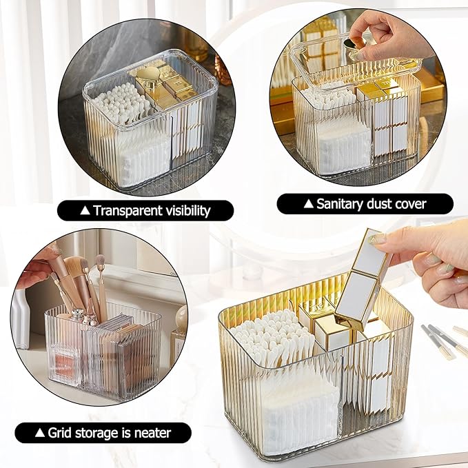 Qtips Holder Bathroom Container, 3-Section Cotton Buds Ball Dispenser, Clear Bathroom Organizer Jar, Cosmetics Storage for Vanity