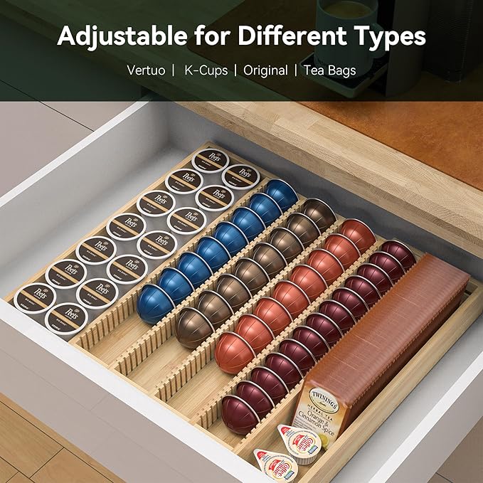 Larger Expandable Bamboo Organizer Holder for Counter Drawer Insert - Compatible with Nespresso Vertuo Capsules - Tea Bags Storage (Natural) 10.8" -19"W x15.67"Dx1.9"H