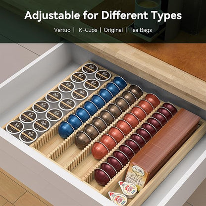 Larger Expandable Bamboo Organizer Holder for Counter Drawer Insert - Compatible with Nespresso Vertuo Capsules - Tea Bags Storage (Natural) 10.8" -19"W x15.67"Dx1.9"H