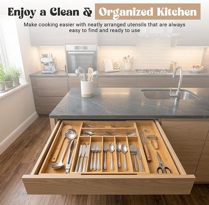 AB Home & Beauty Expandable Bamboo Drawer Organizer for Kitchen Utensils - Adjustable Silverware Organizer, Non-Slip Bamboo Cutlery Tray, Eco-Friendly Kitchen Drawer Storage