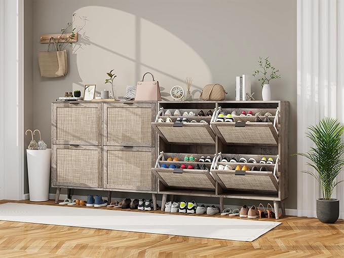 ZeHuoGe Large Rattan Shoe Cabinet with 4 Flip Drawers, Large Shoe Organizer Storage Cabinet, Entryway Narrow Shoe Rack, for Entrance Hallway (4 Drawers)