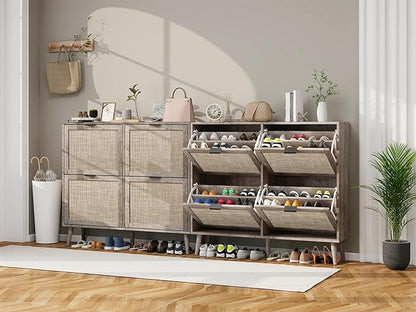 ZeHuoGe Large Rattan Shoe Cabinet with 4 Flip Drawers, Large Shoe Organizer Storage Cabinet, Entryway Narrow Shoe Rack, for Entrance Hallway (4 Drawers)