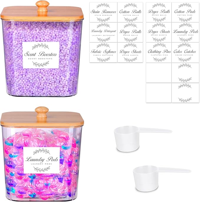 efluky 2 Pack Laundry Pods Container & Dryer Sheet Holder Set,Clear Laundry Room Organization Containers with Bamboo Lids and Labels,Laundry Pods Holder for Scent Booster,Powder,Pod