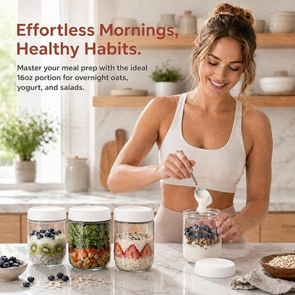 EONJOE 6-Pack 16oz Glass Jars with Lids for Food Storage Meal Prep Airtight