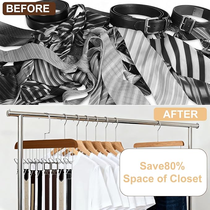 4 Pack Belt Hanger for Closet, Wooden Tie Rack Hangers for Men with 8 Hooks, Space Saving Belt Organizer, Closet Storage for Ties, Belts, Bras, Scarves, Tank Tops