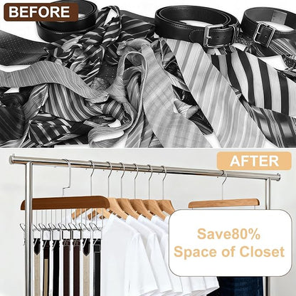4 Pack Belt Hanger for Closet, Wooden Tie Rack Hangers for Men with 8 Hooks, Space Saving Belt Organizer, Closet Storage for Ties, Belts, Bras, Scarves, Tank Tops