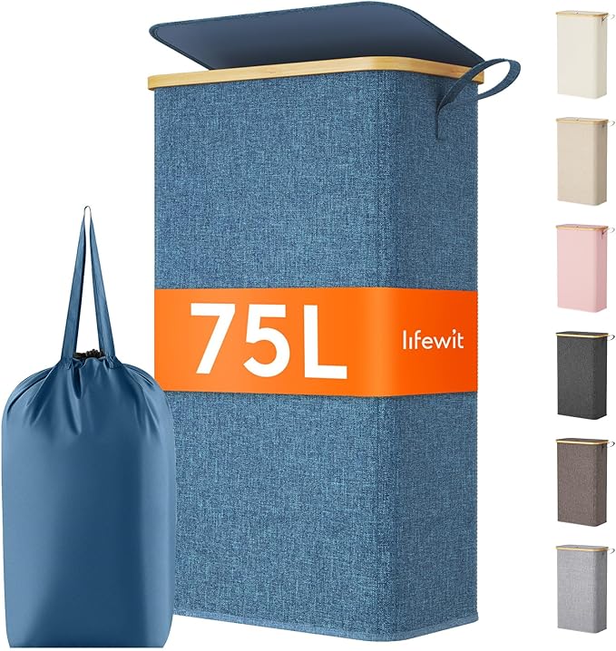 Lifewit 75L Slim Laundry Hamper with Lid, Narrow Laundry Basket with Removable Bag & Bamboo Handles, Fodable Thin Dirty Clothes Hamper for Laundry Collapsible Bin for Bathroom Bedroom Dorm, Dark Blue