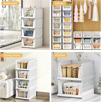 5 Packs Stackable Plastic Storage Basket for Closet Foldable Closet Organizers and Storage Bins for Shelves Storage Drawer Container for Clothes, Wardrobe, Pantry, 5L