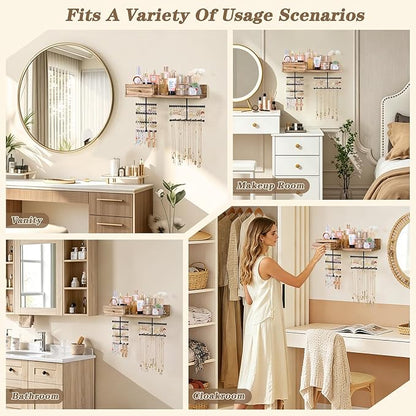 VINAEMO Jewelry Organizer Hanging Wall Mounted Jewelry Holder with Rustic Wood Drawer & Large Capacity Storage Shelf Rack Display for Earrings Rings Necklaces Bracelet