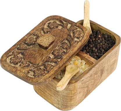Mie Creations Duet Salt and Pepper Box Cellar with Hand Carved Lid & 2 Spoons, Rustic Wooden Pinch Bowls with 2 large Compartments | Wood Salt Storage Keeper, Spice Bowls for Kitchen Cooking